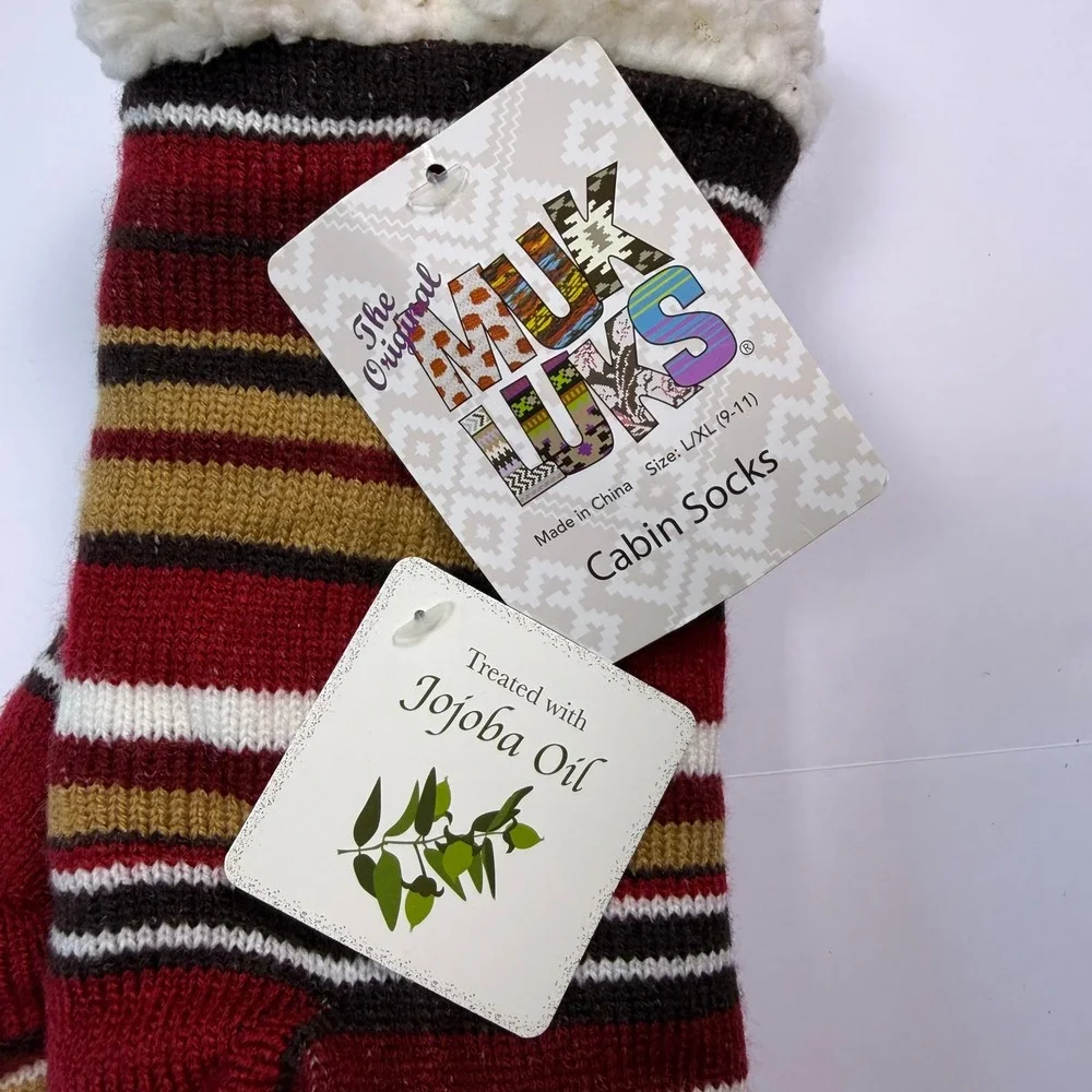 Muk Luks Cozy Cabin Women Slipper Socks Red Striped Faux Shearling Lining L/XL